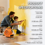 Air Mover, 1100 CFM 1/4 HP 200W with Timer