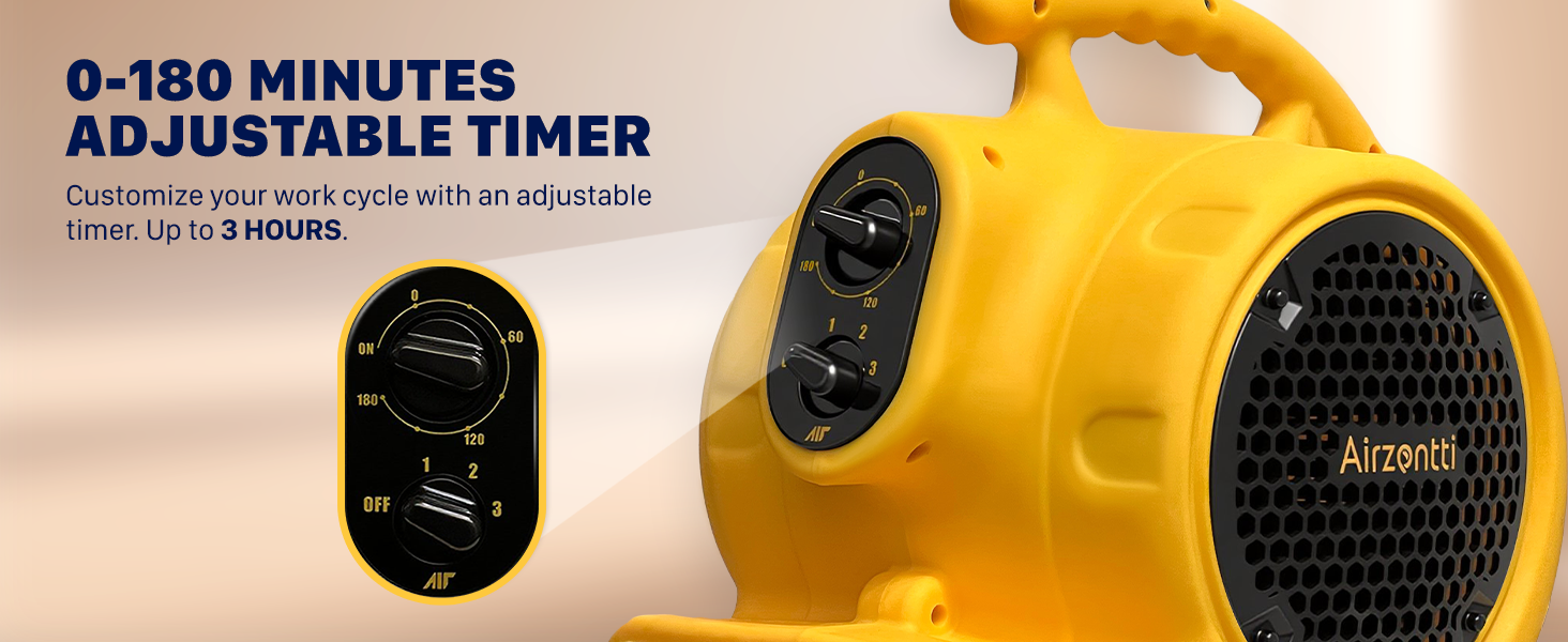 Airzentti Air Mover with adjustable 0 to 180 minutes timer that can customize your work cycle with an adjustable timer  up to 3 hours.