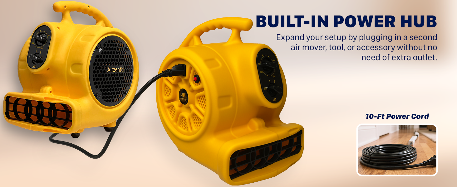 Airzentti Air Mover with built in power hub expand your setup by plugging in a second air mover, tools, or accessories without no need of extra outlet.