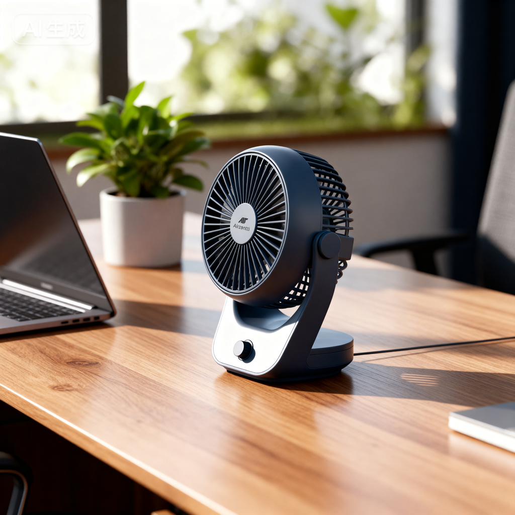 Airzentti portable electric fan on a wooden desk with a laptop and plant in the background