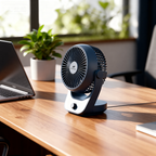 Airzentti portable electric fan on a wooden desk with a laptop and plant in the background