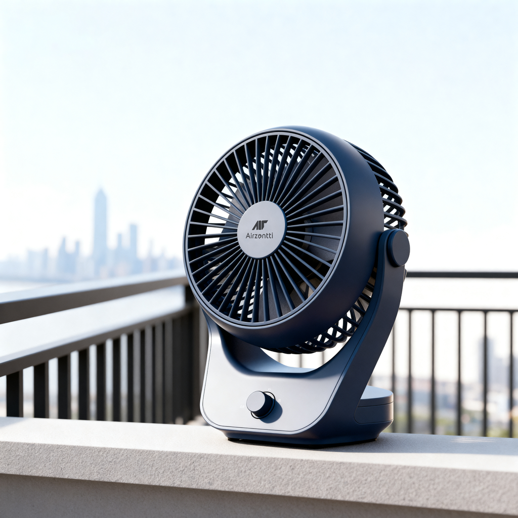 Blue portable fan on a ledge with a cityscape in the background