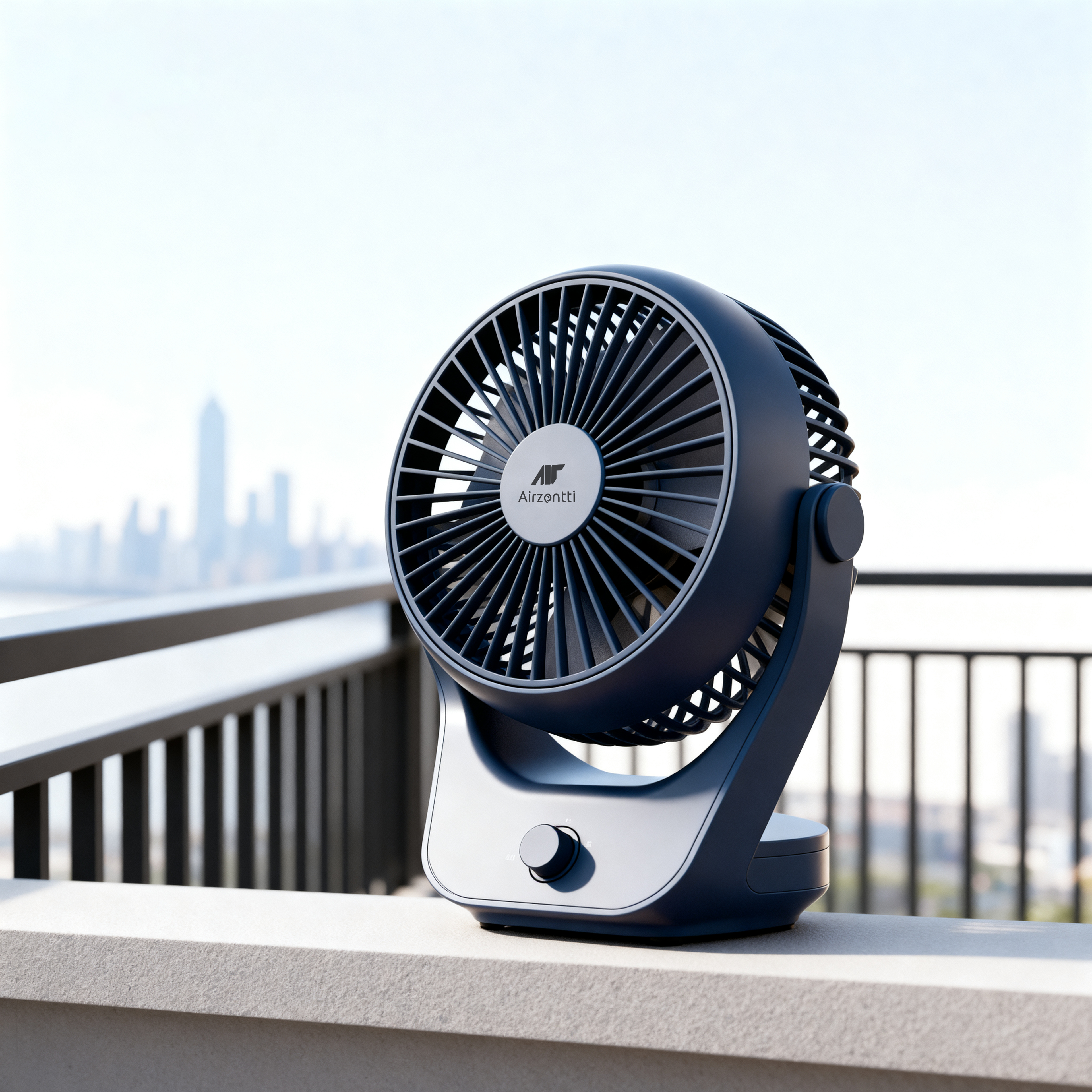 Blue portable fan on a ledge with a cityscape in the background