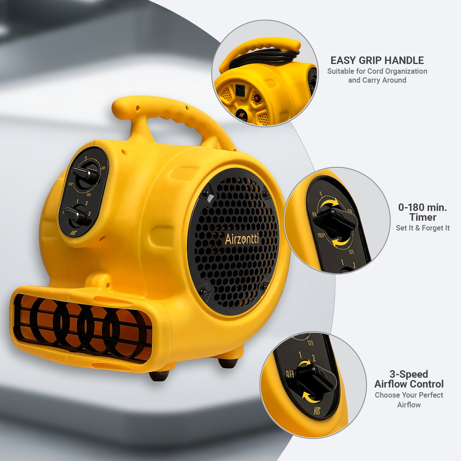 Air Mover, 1100 CFM 1/4 HP 200W with Timer - YELLOW